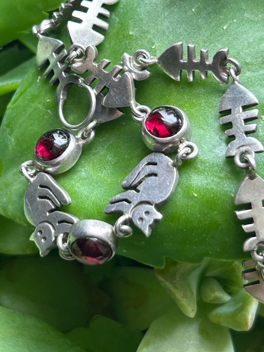 Vintage Fish bones cat garnet gemstone link bracelet sterling silver 925 - Picture 2 of 16